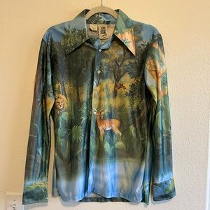 Rare 1970s Vintage Button Up Shimmery Silk-Style Shirt - Painted Eve & Animals